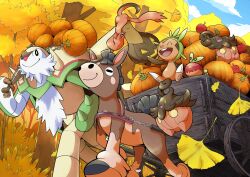 Rule 34 | applin, blue sky, carriage, chesnaught, chespin, closed mouth, cloud, creatures (company), game freak, gen 6 pokemon, gen 7 pokemon, gen 8 pokemon, ginkgo tree, gourgeist, highres, looking at another, mudbray, nintendo, open mouth, outdoors, pokemon, pokemon (creature), pumpkaboo, pumpkin, q-chan, rope, sky, sleeping, smile, tree