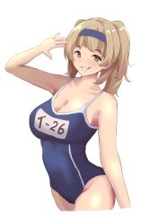 Rule 34 | 1girl, absurdres, blue one-piece swimsuit, breasts, brown eyes, cleavage, collarbone, commentary request, competition school swimsuit, cowboy shot, cropped legs, hairband, highres, i-26 (kancolle), kamikitayotsuba, kantai collection, large breasts, light brown hair, lips, long hair, looking at viewer, name tag, new school swimsuit, one-hour drawing challenge, one-piece swimsuit, parted lips, salute, school swimsuit, simple background, smile, solo, swimsuit, two side up, white background