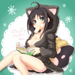 Rule 34 | 1girl, ahoge, animal ear hood, animal ears, animal print, bare legs, black bow, black hair, blunt ends, blush, book, bow, breasts, cat ears, cat print, cleavage, collarbone, commentary request, eyes visible through hair, fake animal ears, food in mouth, fur jacket, green background, green eyes, hair between eyes, highres, hitachi mako, holding, holding book, hood, hood up, hooded jacket, jacket, knees together feet apart, large breasts, long sleeves, manga (object), no bra, open book, pillow, popsicle, popsicle in mouth, reading, relaxing, senren banka, short hair with long locks, simple background, sitting, snowflakes, solo, sweat, tatsuya (trypaint), thighs, two-tone background, white background