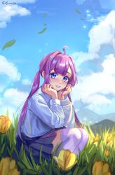 Rule 34 | 1girl, absurdres, ahoge, art trade, black skirt, blue eyes, blue sky, borrowed character, cloud, commentary, english commentary, flower, grass, hair intakes, hexagon, highres, leaf, lens flare, mountain, original, parted lips, pleated skirt, purple hair, sidelocks, skirt, sky, smile, solo, squatting, thighhighs, twintails, white thighhighs, yami (eunriie)