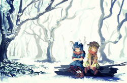 Rule 34 | 2girls, akaiha (akaihagusk), animal ears, bad id, bad pixiv id, bare tree, blonde hair, blue dress, blue hair, blush, boots, brown footwear, brown hat, closed eyes, cold, dress, earclip, flat cap, floppy ears, forest, frilled dress, frills, grass, hat, highres, indian style, log, multiple girls, nature, orange scarf, orange shirt, outdoors, rabbit ears, ringo (touhou), scarf, seiran (touhou), shirt, shorts, sitting, snow, striped clothes, striped shorts, touhou, tree, wavy mouth, winter, yellow shorts