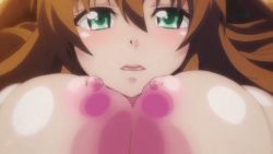 Rule 34 | 10s, animated, animated gif, blush, bouncing breasts, breasts, brown hair, censored, chichiiro toiki, clothes, covered erect nipples, green eyes, huge breasts, large breasts, long hair, nipples, paizuri, penis, pov, saliva