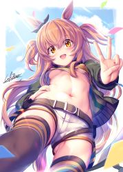 Rule 34 | 1girl, :d, animal ears, belt, blue sky, blush, bomber jacket, bow, breasts, brown ribbon, brown thighhighs, cloud, commentary request, confetti, cowboy shot, crop top, day, ear ribbon, from below, gluteal fold, green belt, green jacket, groin, hair between eyes, hand on own hip, highres, horse ears, horse girl, horse tail, jacket, lens flare, long hair, long sleeves, looking at viewer, luft7star, mayano top gun (umamusume), navel, no bra, open clothes, open jacket, open mouth, orange eyes, orange hair, ribbon, shirt, short shorts, shorts, sidelocks, signature, sky, small breasts, smile, solo, standing, stomach, sunlight, tail, teeth, thighhighs, two side up, umamusume, underboob, upper teeth only, upshirt, v, white shorts, yellow shirt
