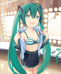 Rule 34 | 1girl, bow, bra, breasts, desk, detached sleeves, green eyes, green hair, hatsune miku, highres, kari kenji, long hair, matching hair/eyes, music, musical note, open clothes, open mouth, open shirt, quaver, shirt, singing, skirt, small breasts, solo, solo focus, strap, underwear, vocaloid