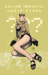 Rule 34 | 1girl, blonde hair, breasts, cleavage, coat, david semsei, eyewear on head, feet, gloves, grasshopper manufacture, green eyes, high heels, highres, legs, long hair, lying, no more heroes, open shoes, sandals, shoes, sunglasses, sylvia christel, toes