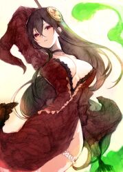 Rule 34 | 1girl, black choker, black hair, breasts, choker, cleavage, dress, floating hair, hair between eyes, hair ornament, highres, holding, holding staff, kakuwashi, large breasts, long hair, long sleeves, looking at viewer, low-tied long hair, magic, marginal maze, parted lips, red dress, red eyes, refrain no chika meikyuu to majo no ryodan, side slit, sketch, slit pupils, smile, solo, staff, standing, thigh strap, very long hair, wide sleeves