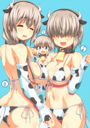 Rule 34 | 3girls, age difference, animal ears, arm up, ass, back, bare shoulders, bikini, blue background, blue eyes, blush, breasts, butt crack, cleavage, closed eyes, collar, collarbone, cow ears, cow girl, cow horns, cow print, cow print bikini, cow tail, cowbell, elbow gloves, family, gloves, grey hair, groin, hagiya masakage, hair over eyes, highres, horns, large breasts, long hair, mature female, mother and daughter, multiple girls, navel, print bikini, short hair, siblings, side ponytail, sideboob, simple background, sisters, smile, stomach, swimsuit, tail, thighhighs, thighs, uzaki-chan wa asobitai!, uzaki hana, uzaki tsuki, uzaki yanagi