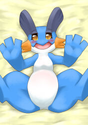 Rule 34 | 1girl, arms up, bed sheet, blue skin, blush, colored sclera, colored skin, creatures (company), dakimakura (medium), female focus, flat chest, from above, furry, furry female, game freak, gen 3 pokemon, kame (3t), looking at viewer, lying, multicolored skin, nintendo, on back, open mouth, orange eyes, orange sclera, pokemon, pokemon (creature), solo, spread legs, swampert, thick thighs, thighs, two-tone skin, white skin, yellow background