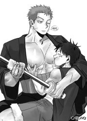 Rule 34 | 2boys, abs, bandana, bandana around arm, bare pectorals, black bandana, black eyes, breast sucking, cheong (moku 0514), cleaning sword, coat, cowboy shot, earrings, facial scar, grabbing, greyscale, haramaki, hat, highres, holding, holding sword, holding weapon, jewelry, korean text, looking at another, looking down, male focus, monkey d. luffy, monochrome, multiple boys, nipples, one eye closed, one piece, open clothes, open coat, pectoral grab, pectorals, roronoa zoro, scar, scar across eye, scar on cheek, scar on chest, scar on face, short hair, sideburns, simple background, single earring, size difference, straw hat, sword, thought bubble, translated, weapon, white background, yaoi