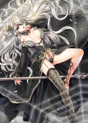 Rule 34 | 1girl, bare shoulders, black lips, breasts, breasts apart, cleavage, collar, detached sleeves, eyepatch, frills, full body, grey eyes, hair over one eye, highres, kokutou mimi, large breasts, lipstick, long hair, makeup, original, pointy ears, single thighhigh, solo, staff, thighhighs, very long hair, white hair
