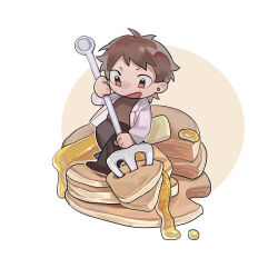 Rule 34 | 1boy, absurdres, brown background, brown footwear, brown hair, brown pants, brown shirt, butter, chibi, chinese commentary, collared jacket, commentary request, food, fork, full body, hand up, harada minoru, highres, holding, holding fork, jacket, male focus, mini person, miniboy, open mouth, pancake, pants, red eyes, saibou shinkyoku, shirt, short hair, simple background, solo, syrup, yulei yuuuuu