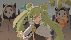 Rule 34 | 1girl, absurdres, bandages, black shirt, cape, cloak, closed mouth, creatures (company), double bun, flygon, frown, game freak, gen 3 pokemon, green hair, grey bag, ground miku (project voltage), hair between eyes, hair bun, hatsune miku, highres, long hair, looking at viewer, nintendo, orange eyes, plumcat, pokemon, pokemon (creature), project voltage, sandstorm, shirt, suna no wakusei (vocaloid), torn cloak, torn clothes, twintails, vocaloid, white cape, white cloak