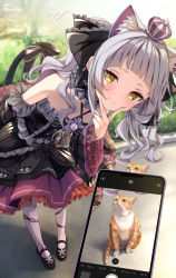 Rule 34 | 1girl, animal ear fluff, animal ears, black dress, blush, bow, camera, cat, cat ears, cat tail, closed mouth, crown, detached sleeves, dress, extra ears, frilled sleeves, frills, gothic lolita, grey hair, hair ribbon, highres, hololive, lolita fashion, long hair, long sleeves, mini crown, murasaki shion, murasaki shion (gothic lolita), pantyhose, ribbon, shoes, smile, solo, strapless, strapless dress, summer tail720, tabby cat, tail, tail bow, tail ornament, virtual youtuber, wide sleeves, yellow eyes