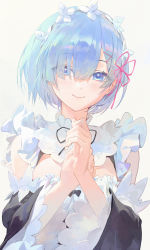 Rule 34 | 1girl, blue eyes, blue hair, blush, breasts, closed mouth, commentary request, detached sleeves, dress, frills, grey background, hair between eyes, hair ornament, hair over one eye, hair ribbon, happy, highres, long sleeves, looking at viewer, maid, maid headdress, modare, pink ribbon, re:zero kara hajimeru isekai seikatsu, rem (re:zero), ribbon, short hair, simple background, smile, solo, upper body, wide sleeves, x hair ornament