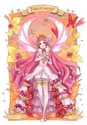 Rule 34 | 10s, 1girl, awii, bare shoulders, bloomers, bow, bowtie, bug, butterfly, crossed legs, crown, dress, elbow gloves, flower, frilled dress, frills, full body, fururumeryi, gloves, hair bow, hair ornament, heart, insect, long hair, merc storia, musical note, parted lips, pink dress, pink hair, purple eyes, shoes, showgirl skirt, solo, staff (music), standing, thighhighs, tiara, transparent background, underwear, very long hair, watson cross, white footwear, white gloves, white thighhighs, wings