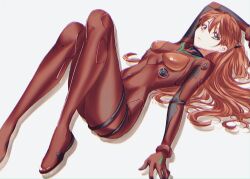 Rule 34 | 1girl, artist request, ass, blue eyes, bodysuit, breasts, brown hair, curvy, highres, interface headset, long hair, looking at viewer, lying, medium breasts, neon genesis evangelion, plugsuit, red bodysuit, shiny clothes, simple background, solo, souryuu asuka langley, stretching, two side up, white background, wide hips