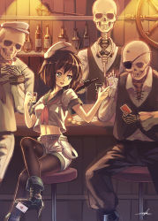Rule 34 | 1girl, :d, alcohol, ankle boots, bar (place), bar stool, black bow, black bowtie, black footwear, black hair, black pants, black pantyhose, black vest, boots, bottle, bow, bowtie, breasts, card, ceiling light, cigarette, coin, collared shirt, crop top, crop top overhang, cross-laced footwear, crossed legs, cup, drink, drinking glass, eyepatch, fire, flat cap, hat, high heel boots, high heels, holding, holding card, holding cup, holding drinking glass, hollow eyes, indoors, lace-up boots, leg up, light, long sleeves, looking at another, medium breasts, midriff, murasa minamitsu, navel, neckerchief, noose, open mouth, orita enpitsu, pants, pantyhose, playing card, sailor, school uniform, serafuku, shelf, shirt, short hair, short sleeves, shorts, sitting, skeleton, smile, solo focus, steering wheel, stomach, stool, teeth, touhou, undead, vest, white hat, white shirt, white shorts, wine bottle, wing collar, yakumo yukari