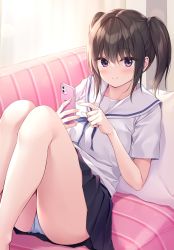 Rule 34 | 1girl, black hair, cellphone, couch, highres, holding, holding phone, looking at viewer, on couch, original, panties, pantyshot, pasdar, phone, pillow, pleated skirt, purple eyes, school uniform, serafuku, single stripe, skirt, smartphone, smile, solo, twintails, underwear, upskirt
