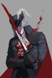 Rule 34 | 1girl, absurdres, blood, blood on clothes, bloodborne, bloody weapon, blue eyes, feathers, highres, holding, holding weapon, lady maria of the astral clocktower, silver hair, solo focus, sword, weapon, yashiki (gh0st 5010)