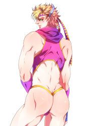 Rule 34 | 1boy, ass, bad id, bad pixiv id, blonde hair, bug, bulge, butterfly, caesar anthonio zeppeli, cielholic, facial mark, feather hair ornament, feathers, gloves, green eyes, hair ornament, headband, insect, jojo no kimyou na bouken, leotard, male focus, mariero (mariello), official alternate costume, scarf, solo, wedgie
