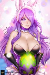 Rule 34 | 1girl, animal ears, aurahack, black gloves, breast rest, breasts, camilla (fire emblem), camilla (spring) (fire emblem), choker, cleavage, easter, easter egg, egg, fake animal ears, fire emblem, fire emblem fates, fire emblem heroes, flower, frilled choker, frills, gloves, hair over one eye, highres, holding, huge breasts, lips, long hair, nintendo, official alternate costume, parted lips, purple eyes, purple hair, rabbit ears, shiny clothes, shiny skin, skindentation, smile, solo, upper body