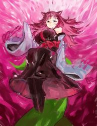 Rule 34 | 1girl, animal ears, black footwear, bow, breasts, closed mouth, dress, highres, kemurikusa, large breasts, long dress, long sleeves, looking at viewer, megame (okbnkn), pink background, red bow, red eyes, red hair, ritsu (kemurikusa), sitting, sleeves past fingers, sleeves past wrists, smile, solo