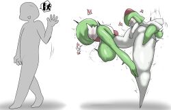 Rule 34 | 1girl, 2boys, ass, blush, breasts, closed eyes, colored skin, creatures (company), enigi09, game freak, gardevoir, gen 3 pokemon, grabbing, grabbing from behind, grey skin, highres, huge ass, huge breasts, juice, kirlia, monster boy, monster girl, multiple boys, netorare, nintendo, pokemon, pussy juice, sex, sex from behind, simple background, size difference, white background