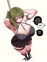 Rule 34 | 1girl, armpits, arms behind head, arms up, between breasts, breasts, cleavage, curvy, english text, from above, green hair, highres, huge breasts, long hair, nyantcha, purple eyes, side ponytail, smile, solo, sousou no frieren, speech bubble, standing, sweat, thick thighs, thighs, ubel (sousou no frieren), wide hips