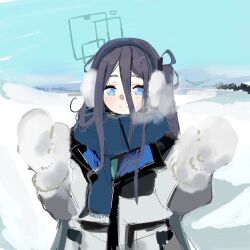 Rule 34 | 1girl, aris (blue archive), black hair, blue archive, blue eyes, blue scarf, blush, breath, chise 01234, cloud, coat, earmuffs, hair between eyes, halo, long hair, long sleeves, looking at viewer, mittens, one side up, open clothes, open coat, open hands, outdoors, scarf, sketch, sky, snow, solo, winter