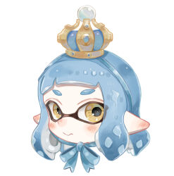 Rule 34 | 1girl, 3:, blue hair, blush, chin strap, closed mouth, commentary, crown, ear blush, highres, inkling, inkling girl, inkling player character, mini crown, nintendo, plum0o0, pointy ears, portrait, short bangs, short eyebrows, short hair, simple background, solo, splatoon (series), suction cups, symbol-only commentary, tentacle hair, white background, yellow eyes