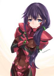 Rule 34 | 1girl, blue eyes, blush, bodysuit, covered navel, fortified suit, hair behind ear, highres, jun (rellik &amp; redrum), long hair, looking at viewer, low ponytail, muv-luv, muv-luv alternative, original, own hands clasped, own hands together, pilot suit, purple hair, red bodysuit, skin tight, smile, solo, white background