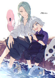 Rule 34 | 2boys, aged down, backpack, bag, barboach, black pants, buttons, collarbone, collared shirt, commentary request, creatures (company), crossed legs, game freak, gen 3 pokemon, green hair, grey eyes, grey hair, grey shirt, highres, holding, lairon, long hair, long sleeves, luvdisc, male focus, multiple boys, nintendo, open mouth, pants, pants rolled up, pokemon, pokemon (creature), pokemon rse, purple shirt, shirt, short hair, signature, sitting, soaking feet, spheal, steven stone, teeth, tongue, unworn backpack, unworn bag, wallace (pokemon), watch, water, wristwatch, xia (ryugo)