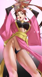 1girl absurdres arms_up bare_legs black_panties black_tube_top breasts brown_eyes brown_hair covered_erect_nipples crop_top dancing earrings fatal_fury feet_out_of_frame gold_choker gradient_background hand_fan high_ponytail highleg highleg_panties highres holding holding_fan japanese_clothes jewelry kimono large_breasts legs long_hair long_sleeves looking_at_viewer midriff_peek motoyui movie_reference official_alternate_costume oobari_masami_(style) open_mouth panties parted_bangs pink_kimono pink_lips ponytail revealing_clothes sash shiranui_mai snk solo strapless string_panties thong tube_top underwear wide_sleeves yellow_sash yoshio_(55level)