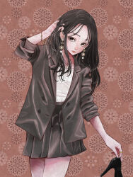 Rule 34 | 1girl, album cover, black eyes, black hair, bracelet, brown background, cover, earrings, grey jacket, grey skirt, hand in own hair, hand up, high heels, highres, holding, holding shoes, jacket, jewelry, long hair, looking at viewer, ring, shiraco (sgdv2435), shirt, shoes, unworn shoes, skirt, solo, standing, white shirt
