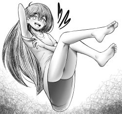Rule 34 | 1girl, absurdres, armpits, ass, bare legs, barefoot, bottomless, cabronpr, cleft of venus, feet, full body, highres, legs, mari (omori), midair, monochrome, omori, pussy, smile, soles, solo, toes