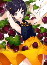 Rule 34 | 1girl, armpits, arms up, belt, black hair, blonde hair, bubble, commentary request, food, fruit, grapes, hair ornament, hairclip, leaf, neck ribbon, open mouth, original, purple eyes, purple hair, ribbon, short hair, skirt, sleeveless, sogawa66, solo, water, yellow skirt