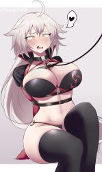 Rule 34 | 1girl, absurdres, ahoge, bagelbomb, bdsm, belt, bikini, black bikini, black jacket, black thighhighs, blush, bondage, bound, breasts, choker, cleavage, collar, cropped jacket, fate/grand order, fate (series), female focus, grey background, hair between eyes, heart, highres, jacket, jeanne d&#039;arc alter (swimsuit berserker) (fate), jeanne d&#039;arc (fate), jeanne d&#039;arc alter (fate), jeanne d&#039;arc alter (swimsuit berserker) (fate), large breasts, leash, long hair, navel, o-ring, o-ring bikini, open mouth, pet play, restrained, shrug (clothing), silver hair, simple background, sitting, slave, solo, spoken heart, sweat, swimsuit, thighhighs, thighs, twitter username, very long hair, viewer holding leash, yellow eyes