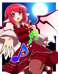 Rule 34 | 1girl, :d, animal ears, beamed quavers, blush, dress, female focus, fingernails, full moon, highres, kamelie, long fingernails, long sleeves, moon, music, musical note, mystia lorelei, no headwear, no headwear, open mouth, outstretched hand, pink eyes, pink hair, quaver, short hair, singing, smile, solo, thighhighs, touhou, wings