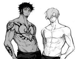 Rule 34 | 2boys, abs, arm tattoo, blue eyes, chest tattoo, closed mouth, collarbone, commentary, curly eyebrows, earrings, english commentary, facial hair, goatee, jewelry, looking at viewer, male focus, monochrome, multiple boys, nipples, one piece, pants, pectorals, sanji (one piece), short hair, shoulder tattoo, tattoo, toned, toned male, topless male, trafalgar law, xve009, yellow eyes