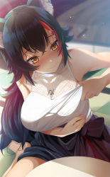 Rule 34 | 1girl, animal ear fluff, animal ears, bad id, bad twitter id, bare shoulders, black hair, black skirt, blurry, blurry background, blush, breasts, closed mouth, commentary, fumihiko (fu mihi ko), hair ornament, hairclip, highres, hololive, jewelry, large breasts, long hair, multicolored hair, necklace, nose blush, ookami mio, ookami mio (street), orange eyes, outdoors, red hair, shadow, shirt, sitting, skirt, sleeveless, sleeveless shirt, smile, solo, star (symbol), star hair ornament, streaked hair, virtual youtuber, white shirt, wolf ears