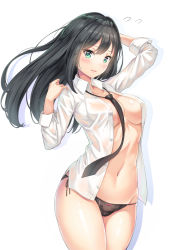 Rule 34 | 10s, 1girl, aqua eyes, arched back, arm at side, black hair, black panties, blouse, blush, breasts, cenangam, collarbone, cowboy shot, embarrassed, flying sweatdrops, groin, idolmaster, idolmaster cinderella girls, lingerie, lips, long hair, long sleeves, looking at viewer, medium breasts, navel, no bra, open clothes, open mouth, open shirt, panties, see-through, shibuya rin, shirt, side-tie panties, sideboob, simple background, solo, standing, thighs, underwear, wavy mouth, white background