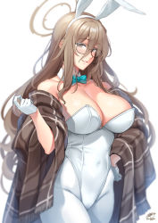 Rule 34 | 1girl, akane (blue archive), akane (bunny) (blue archive), animal ears, bare shoulders, blue archive, blush, bow, bowtie, breasts, brown eyes, cleavage, detached collar, fake animal ears, glasses, gloves, grin, hair between eyes, halo, hand up, large breasts, leotard, light brown hair, long hair, looking at viewer, okitakung, pantyhose, plaid, plaid scarf, playboy bunny, rabbit ears, scarf, sidelocks, sleeveless, smile, solo, standing, strapless, strapless leotard, white gloves, white leotard, white pantyhose