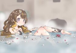 Rule 34 | 1girl, anya melfissa, artist request, bathing, brown hair, hair ornament, hololive, hololive indonesia, long hair, multicolored hair, petals, purple eyes, tagme, two side up, virtual youtuber