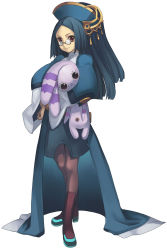 Rule 34 | 1girl, ar tonelico, ar tonelico ii, blue hair, female focus, full body, glasses, gust, hair ornament, hand on own hip, hat, highres, hip focus, hugging doll, hugging object, infel (ar tonelico), long hair, mimimi (ar tonelico), nagi ryou, official art, pantyhose, rabbit, red eyes, simple background, skirt, smile, solo, standing, stuffed animal, stuffed toy, white background