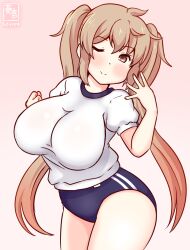 1girl alternate_costume artist_logo blue_buruma blush breasts brown_eyes buruma cowboy_shot dated gym_shirt gym_uniform hair_flaps kanon_(kurogane_knights) kantai_collection large_breasts light_brown_hair long_hair looking_at_viewer murasame_(kancolle) one-hour_drawing_challenge one_eye_closed pink_background shirt simple_background smile solo two_side_up white_background white_shirt