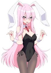 Rule 34 | 1girl, animal ears, bare shoulders, breasts, brown pantyhose, cleavage, collarbone, detached collar, hair between eyes, highres, leotard, long hair, looking at viewer, medium breasts, open mouth, pantyhose, pink hair, playboy bunny, rabbit ears, red eyes, reisen udongein inaba, simple background, solo, touhou, tsukimirin, white background