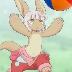 Rule 34 | 1other, animal ears, animal feet, animal hands, ball, barefoot, beachball, furry, green eyes, hands up, highres, horizontal pupils, kionant, made in abyss, nanachi (made in abyss), pants, pouch, rabbit ears, red pants, signature, solo, tail, topless, whiskers