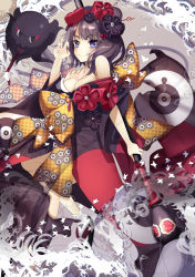 Rule 34 | 1girl, absurdres, black hair, blue eyes, breasts, calligraphy brush, closed mouth, fate/grand order, fate (series), flower, hair flower, hair ornament, highres, japanese clothes, katsushika hokusai (fate), kimono, liu liu, looking at viewer, medium breasts, octopus, paintbrush, short hair, smile, solo