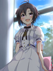 Rule 34 | 1girl, antenna hair, arm behind back, black bow, black bowtie, black hair, blue sky, blush, book, bow, bowtie, breasts, cloud, cowboy shot, day, dot nose, dress, holding, holding book, holding own arm, idolmaster, idolmaster (classic), idolmaster million live!, idolmaster million live! theater days, jewelry, kikuchi makoto, looking at viewer, necklace, open mouth, puffy short sleeves, puffy sleeves, purple eyes, reflection, short hair, short sleeves, sky, small breasts, smile, solo, standing, tree, twitter username, white dress, window, yoriyomo