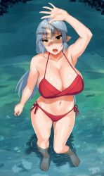 Rule 34 | 1girl, arm up, armpits, barefoot, bikini, blue hair, blush, breasts, cleavage, fang, full body, highres, horns, huge breasts, long hair, navel, obmas, oni, open mouth, original, pointy ears, red bikini, shading eyes, side-tie bikini bottom, single horn, solo, sweat, swimsuit, wading, water, wet